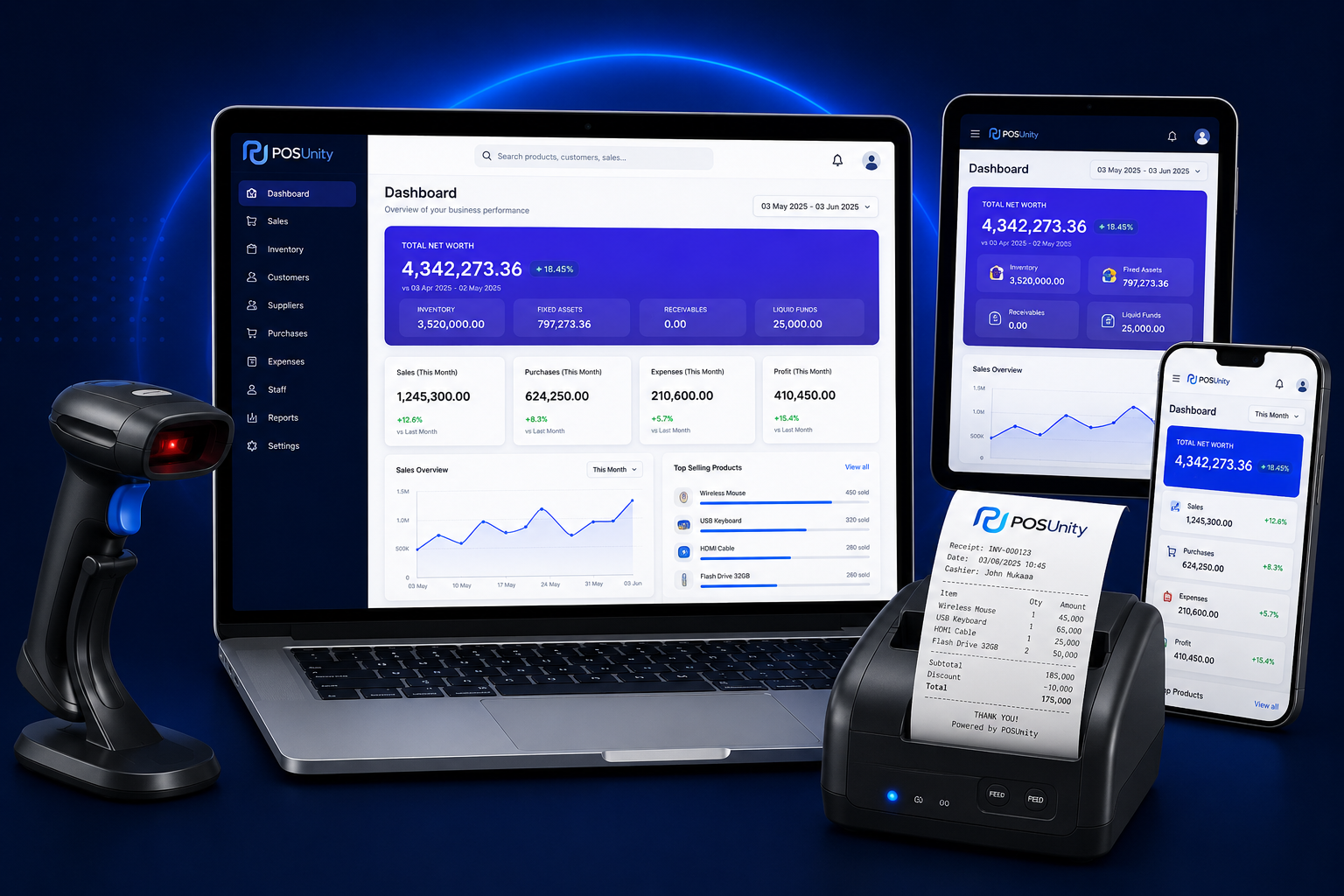 POSUnity business management system dashboard with barcode scanner and thermal printer integration